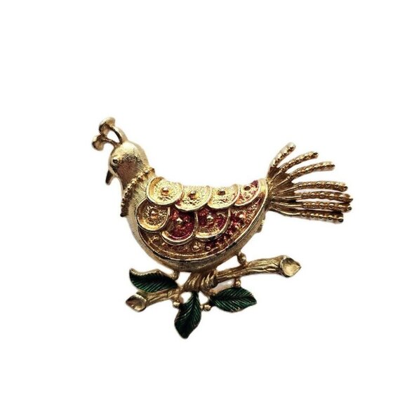 Corell0 Jewelry - Vintage COREL Shape Brooch Red and Green enamel Gold tone Bird brooch READ